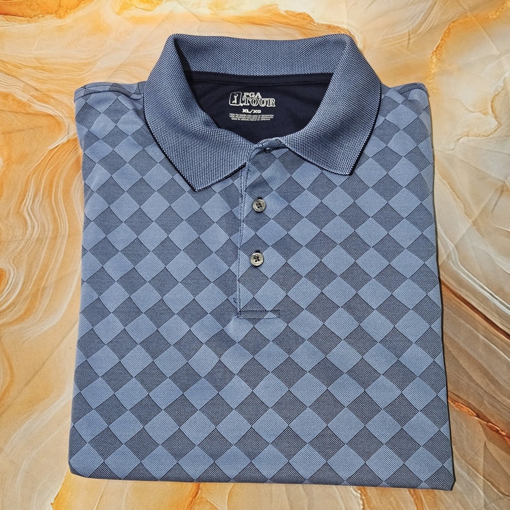 PGA TOUR Men's XL Golf Polo Shirt Blue Gray Checkered Performance Short Sleeve